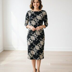 RN Studio Floral Embroidered 3/4 Sleeve Midi Sheath Dress Black Cream Party 14